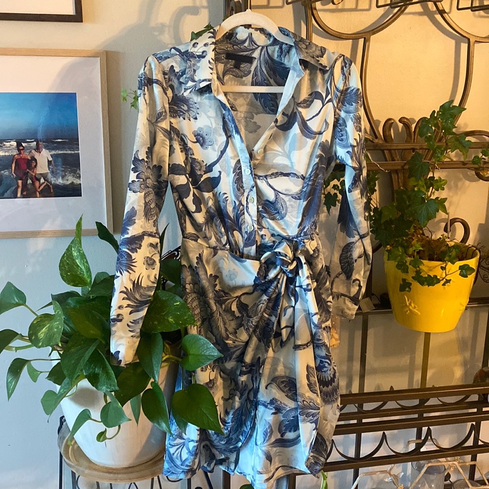 Floral Blue long Sleeve Guess Wrap Dress